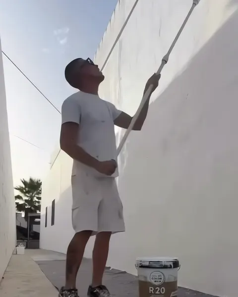 Pintor dando rodillo con alargador a un muro exterior alto, con el cubo de pintura al lado